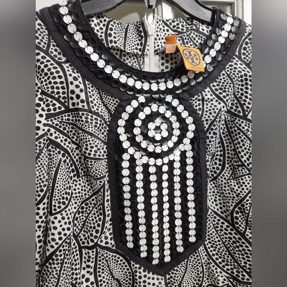 TORY Burch Sequin Embellished‎ Black and White long sleeve Tunic Top 2